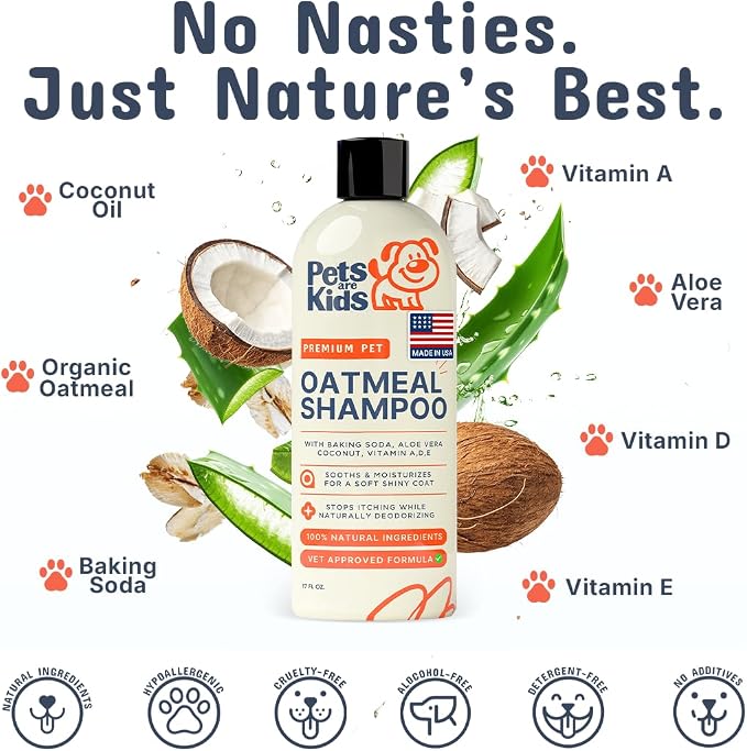 Pets are Kids Premium Oatmeal Shampoo for Dogs, 17 oz – Natural Itch Relief, Dry Skin Soother, Hydrated & Shiny Coat – Gentle Formula with Aloe, Coconut & Baking Soda – Natural & Hypoallergenic
