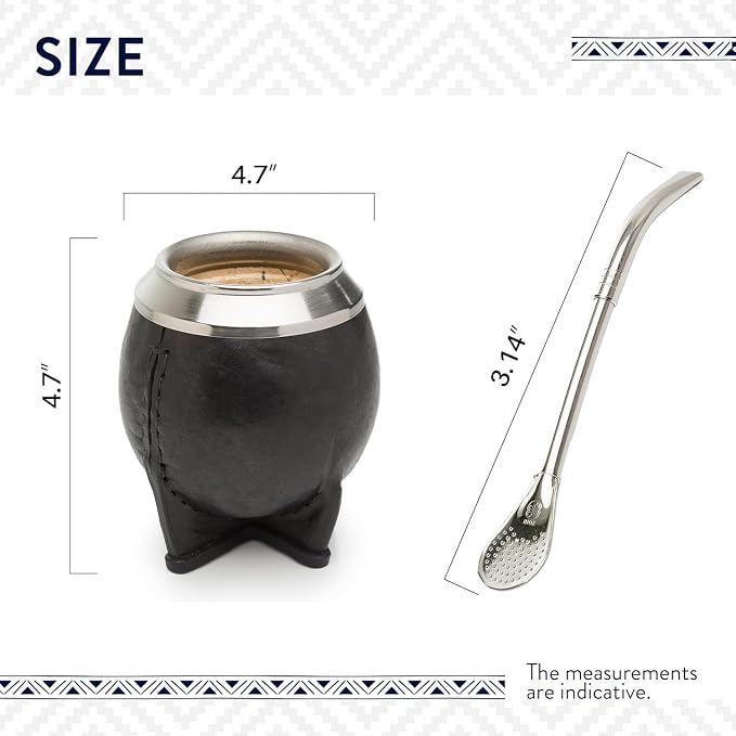 Yerba Mate Gourd Set with Stainless Steel Straw | Handmade Leather Yerba Mate Cup and Bombilla Set from Argentina - Beach Essentials - Idea for Gifts | Travel Cup Mate