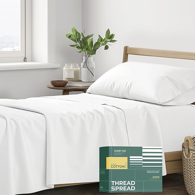 THREAD SPREAD 100% Organic Cotton Sheets - Organic Cotton Percale Weave Sheet Set, Soft, Cooling, Crisp & Breathable, 16" Deep Pocket Hotel Quality Bedding Set - 3 PC, Twin XL White