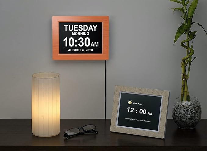 Digital Calendar Date Multi Alarm Clock 8 inch Large Display Auto-Dimming Electic Desk Table Wall Mount Office, Home, Kitchen, Room, School, Bedroom, Living Room (Brown)