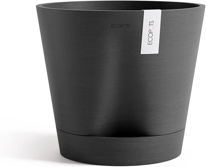 Ecopots Venice 2 Durable Modern Round Indoor/Outdoor Recycled-Based Composite Flower Pot Planter w/Water Reservoir, Dark Grey, 12"