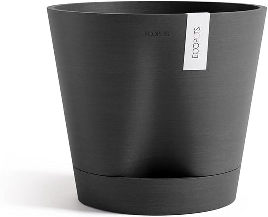 Ecopots Venice 2 Durable Modern Round Indoor/Outdoor Recycled-Based Composite Flower Pot Planter w/Water Reservoir, Dark Grey, 12"