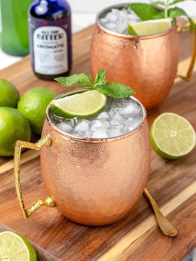 BOLD & DIVINE Copper Plated Moscow Mule Mugs Set of 2 | 18 Oz Hammered Cups with 304 Stainless Steel Lining and Gold Brass Handles | Bonus Copper Straws, Shot Glass & Cleaning Brush