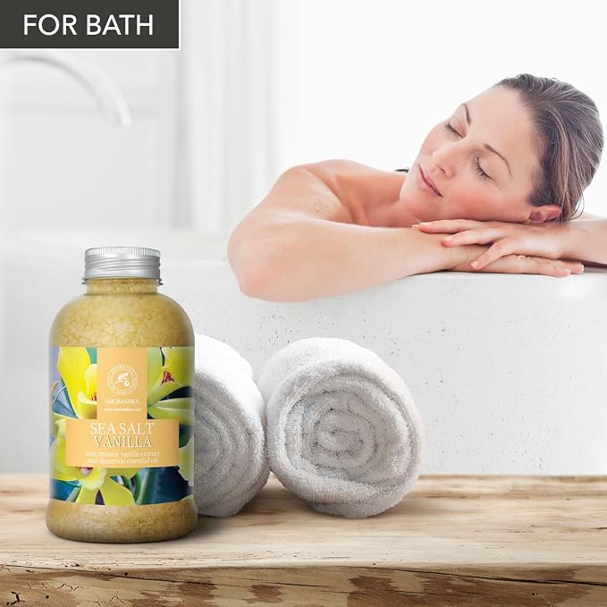 Sea Salt Vanilla 21.16 Oz - w/Vanilla & Cinnamon Essential Oils - Natural Bath Sea Salts - Best for Bath - Good Sleep - Relaxing - Body Care - Beauty (Pack of 2)
