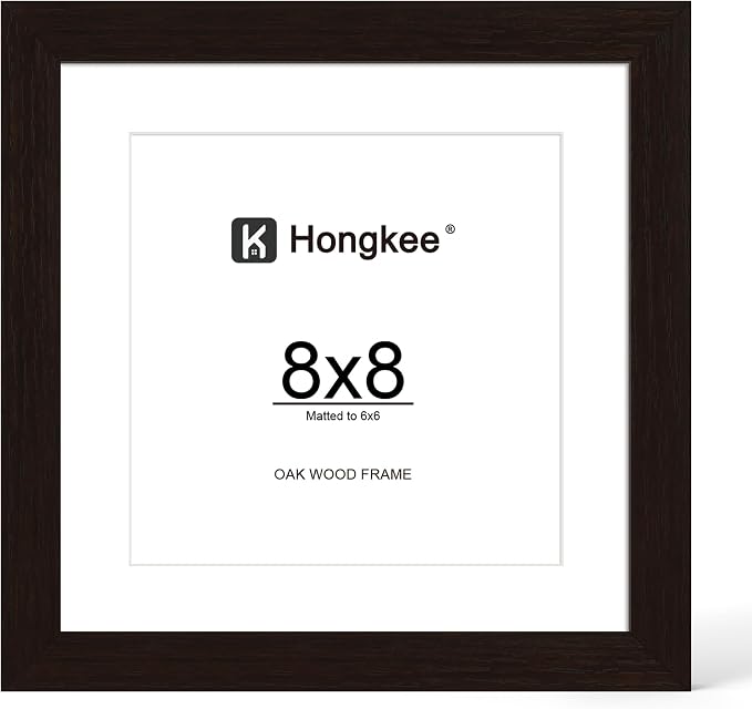 Hongkee 8x8 Oak Wood Picture Frame 1 Pack(Matted 6x6) with Real Glass Cover | Black, 8 x 8 Solid Wood Frame for Wall or Tabletop Display - Includes Easel Back, Vertical Hang - Ideal for Home, Office