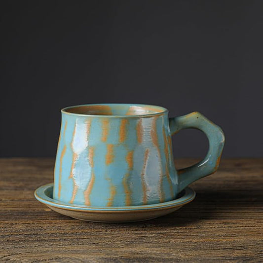 Vintage Faceted Speckled Ceramic Coffee Mug with Saucer, Rustic Stoneware Cup for Tea Latte (YF-CS08)