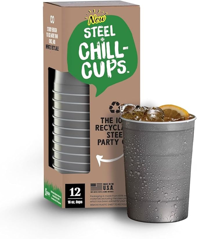 Steel Chill Cups 16 oz. Party Cups, Perfect for Cold Drinks, Sturdy & Durable, Disposable and 100% Recyclable, Made in USA, Gray, 12 Count