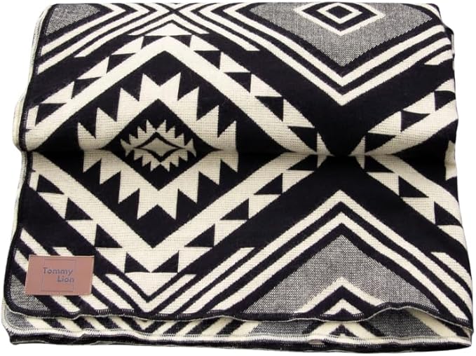 Tommy Lion - Cozy Alpaca & Merino Wool Blanket 80/20, 80x45 in, Soft, Warm, Lightweight, Hypoallergenic & Breathable.Real Alpaca,Ideal for Bed, Sofa, Camping, Travel & Car Survival Kit- Black&White