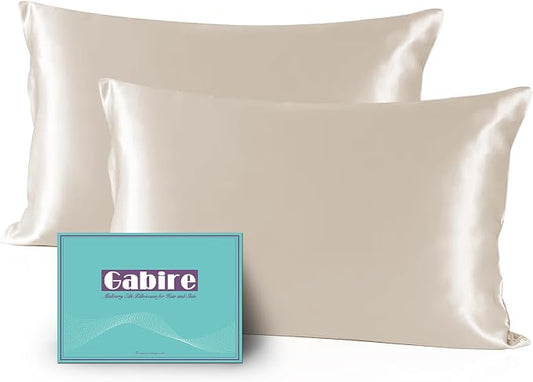 Gabire Mulberry Silk Pillow Cases Set of 2, Both Sides Real Silk Pillowcase for Hair and Skin Prevent Acne Pillowcase Organic Silk Pillow Cases 2 Pack with Hidden Zipper, Beige, Standard (20"×26")