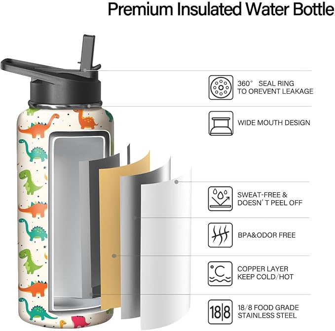 32oz Cute Dinosaur Water Bottle with Handle and Flip Straw, Animal Sports Stainless Steel Insulated Cup Travel Coffee Mug Tumbler, Birthday Mothers Day Chritmas Gifts for Women