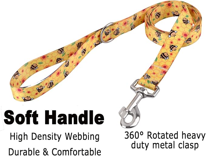 Mihqy Dog Collar and Leash Set with Bohemia Floral Tribal Geometric Patterns - Soft Ethnic Style Collar Adjustable for Small Medium Large Dogs(Bee Set,M)