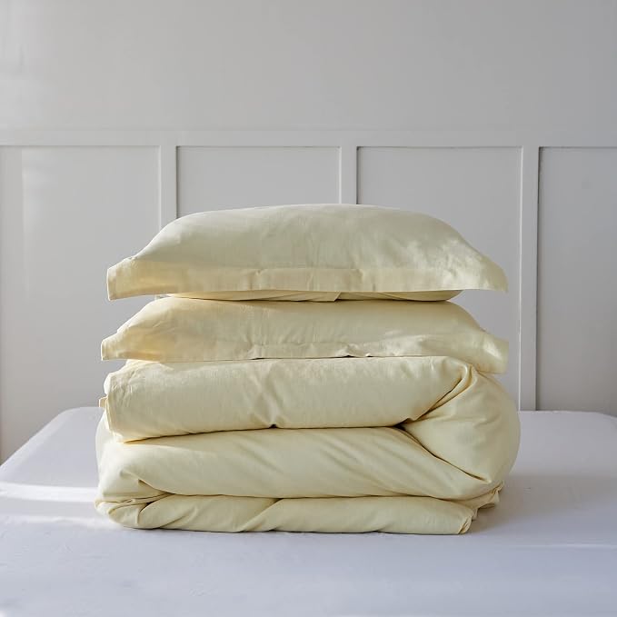 Simple&Opulence French Linen Duvet Cover Set - Full Size(78" x 86")- 3 Pieces (1 Comforter Cover,2 Pillowcases)- Natural Flax Cotton Blend-Solid Color Breathable Farmhouse Bedding-Pale Yellow