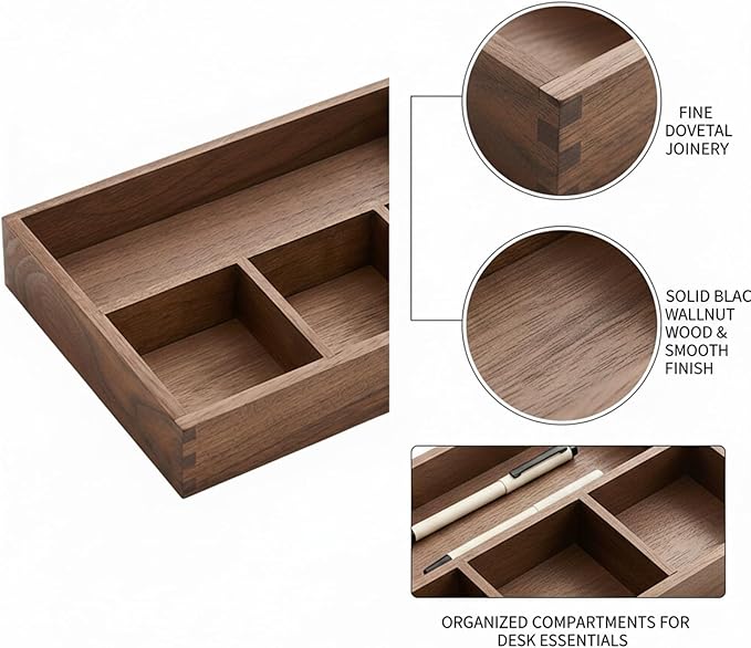 Solid Black Walnut Wood Desk Organizer Tray for Office, Entryway, and Home Storage