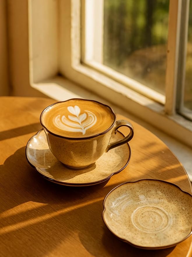 Ceramic Coffee Cup and Saucer Set – 10oz Caramel Kiln-Glazed Ceramic Teacup with Saucer, Vintage Handmade Pottery Mug for Coffee, Tea, or Latte