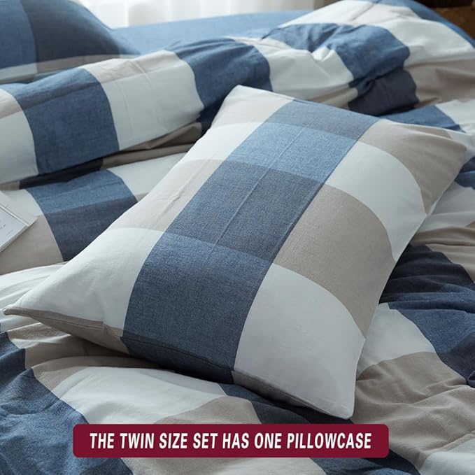 FACE TWO FACE Bedding Duvet Cover Set100% Washed Cotton Duvet Cover Linen Like Textured Breathable Durable Soft Comfy (Twin, Blue and White Grid)