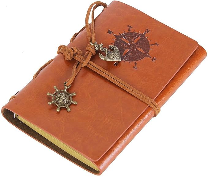 EvZ Vintage Leather Journal - 5" Refillable Coffee Brown Writing Notebook with Nautical Anchor & Rudder Pendants - Small Spiral Blank Sketchbook for Travel, Poetry & Diary - Classic Embossed Art Journal