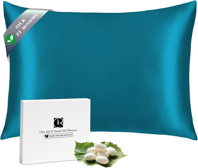 Ravmix Silk Pillow Cases with Zipper, 21momme Mulberry Silk Pillowcase for Hair Skin Health, Soft Smooth Breathable Cool Pillow Cover for Beauty Sleep with Gift Box 1PC(King 20"x36", Peacock Blue)