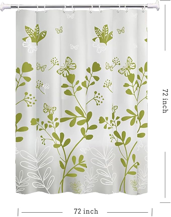 TIKABC Shower Curtain Liner, 4G PEVA Green Butterfly Shower Liner, Plastic Waterproof Shower Curtains, 72x72 inch with Grommet Holes 3 Magnetic Weights