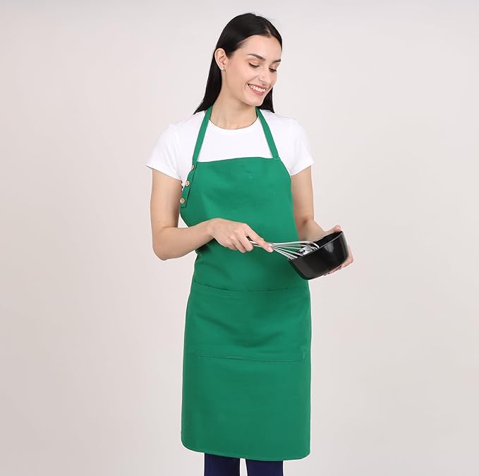 Kitchen Apron Waterdrop Resistant Cotton Apron 2 PACK with adjustable Aprons for Women with Pockets 9 Color option Cooking Green Apron (GREEN)