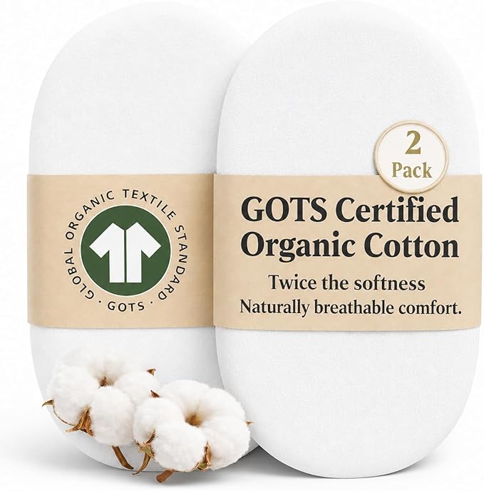 GOTS Organic Bassinet Sheets Compatible with Halo BassiNest Swivel Sleeper, 4moms mamaRoo Sleep Bassinet, Pure Ultra Soft Turkish Organic Cotton