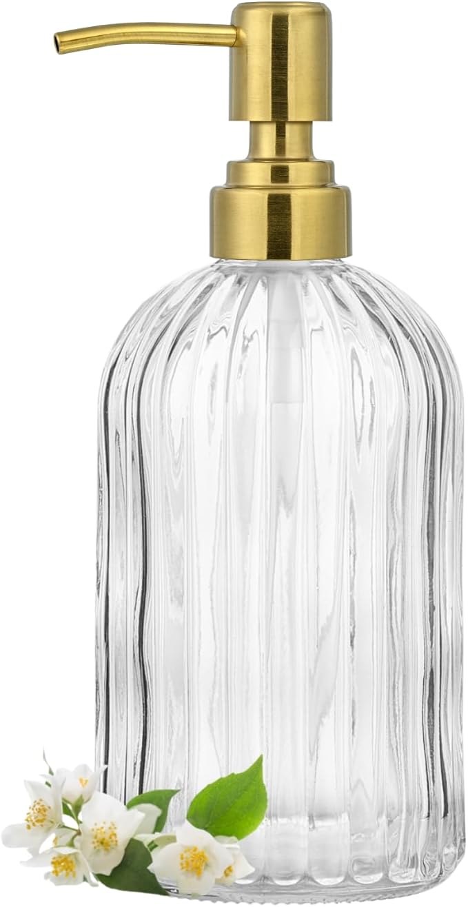 Clear Glass Soap Dispenser with Golden 304 Rustproof Stainless Steel Pump 18oz for Kitchen and Bathroom Hand Soap Dispenser Bottle