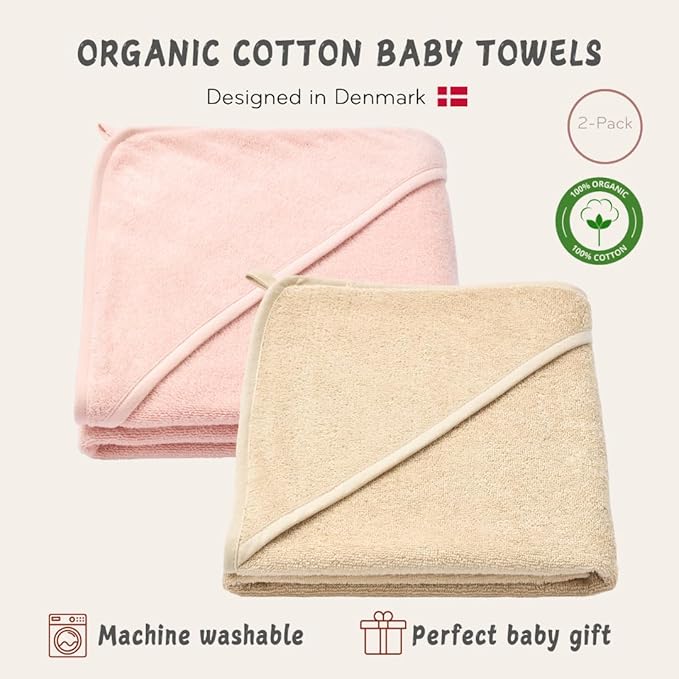 Hooded Baby Towels – 100% Organic Cotton Baby Bath Towels – Baby Girl Newborn Essentials - Super-Soft and Absorbent.. (2-Pack Fog and Blush)