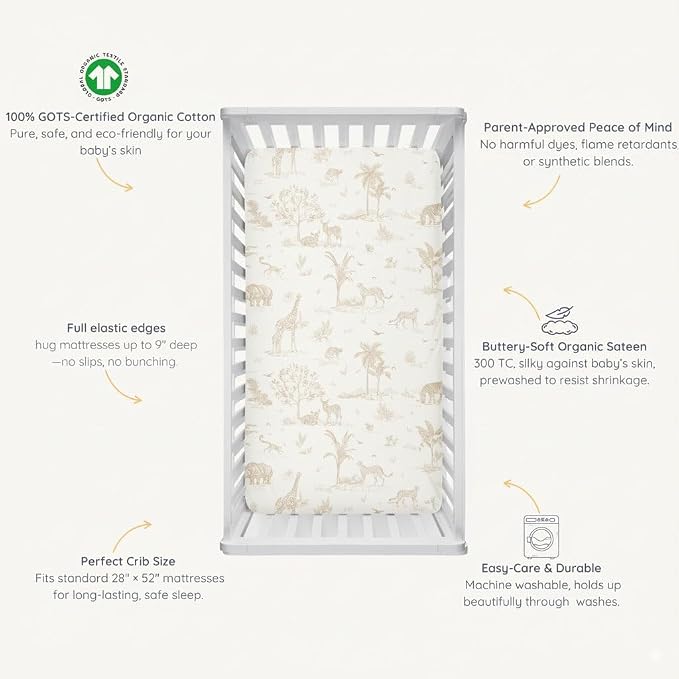 Makemake Organics GOTS Certified Organic Cotton Fitted Crib Sheet Soft Breathable (28"x52", Safari)