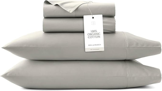 BOLL & BRANCH Percale Hemmed Sheet Set - Cooling Breathable Bed Sheets for Hot Sleepers - Twin XL, Pewter - Luxury 100% Organic Cotton - 1 Flat, 1 Fitted, 1 Pillowcase