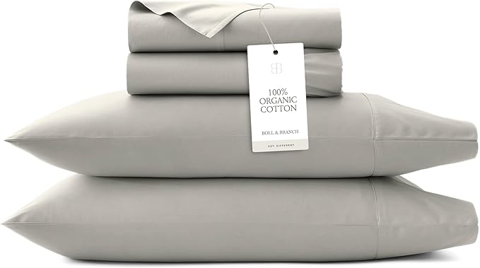 BOLL & BRANCH Percale Hemmed Sheet Set - Cooling Breathable Bed Sheets for Hot Sleepers - Full, Pewter - Luxury 100% Organic Cotton - 1 Flat, 1 Fitted, 2 Pillowcases