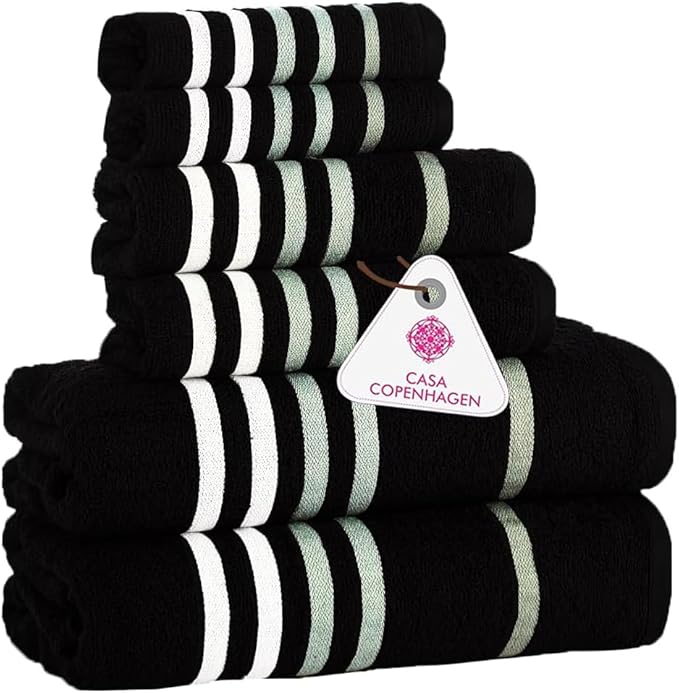 CASA COPENHAGEN Exotic 6Pcs 100% Egyptian Cotton Large Designer Towels Gift Set- Coal-Black, 550GSM, 2Bath 2Hand 2Washcloths, Bath Towels for Bathroom (Box Pack, Gift Set for Women & Men)