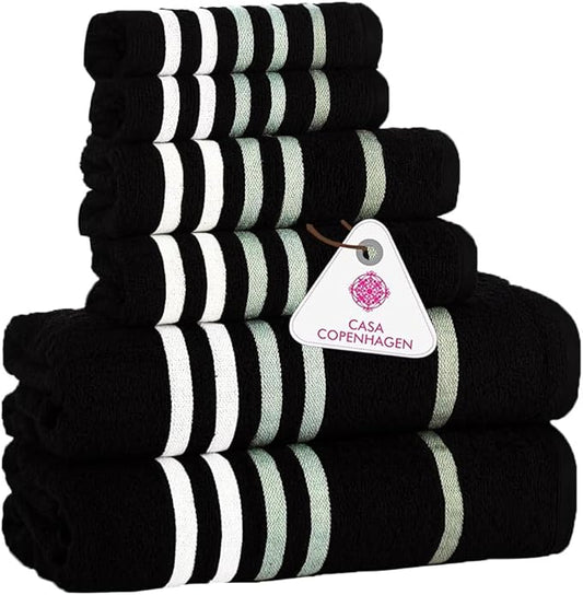 CASA COPENHAGEN Exotic 6Pcs 100% Egyptian Cotton Large Designer Towels Gift Set- Coal-Black, 550GSM, 2Bath 2Hand 2Washcloths, Bath Towels for Bathroom (Box Pack, Gift Set for Women & Men)