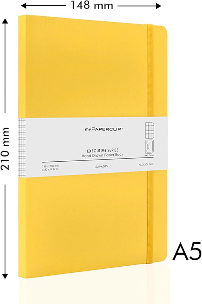 myPAPERCLIP Executive Series A5 Checks/Square Grid Notebook | 192 Pages, 80 GSM, Soft Cover, A5 (5.83 x 8.27 in) | Flat Lay | Bookmark, Elastic Closure & Back Pocket | Yellow
