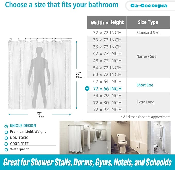 Ga-Geetopia Short - EVA Clear Shower Curtain Liner, Pebble Pattern 72x66 Inch Lightweight Plastic Bathroom Shower Showroom Inner Curtain with Rustproof Metal Grommets and Weighted Magnets