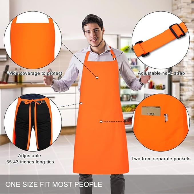 Jubatus 2 Pack 100% Cotton Aprons with 2 Pockets Cooking Chef Kitchen Adjustable Bib Apron for Women Men, Orange