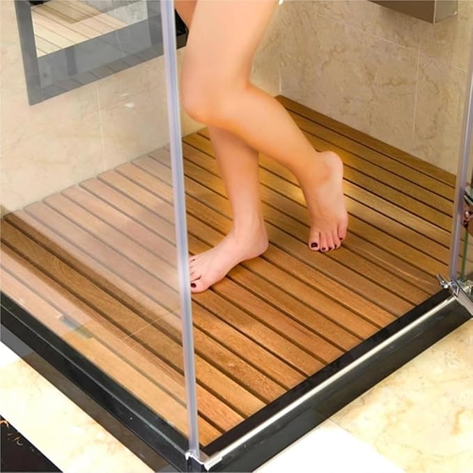 Square Teak Shower Mat 20 24 26 28 30 32 34 36in, Elevated Waterproof Non Slip Solid Wood Bath Mat for Bathtub/Inside Outside Showers/Spa, Customizable(34x46in(86x116.5cm))