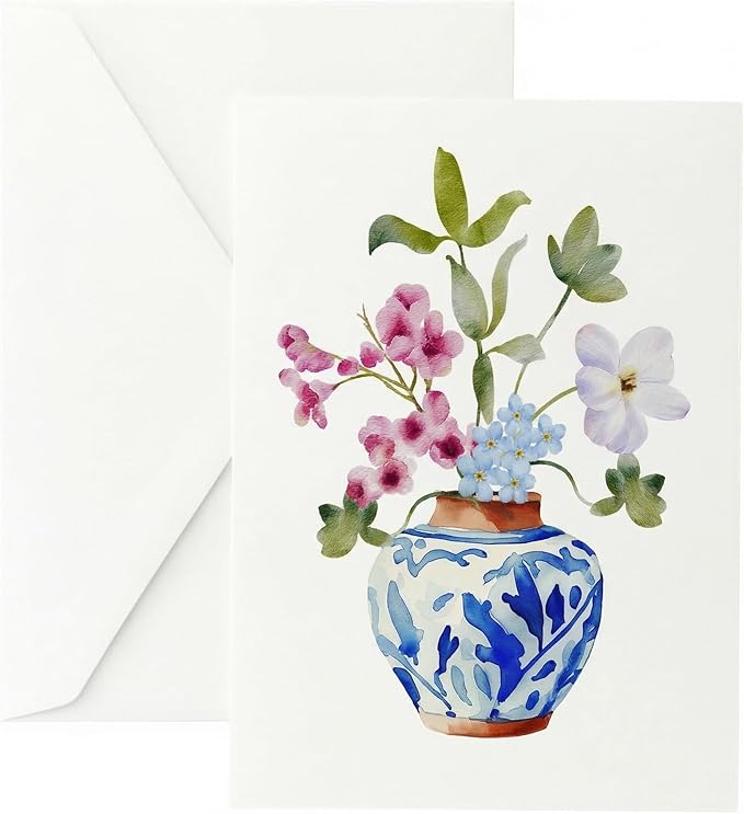 Ginger Jar with Wildflowers Greeting Cards - Set of 10 All Occasion 5x7 Note Cards with Envelopes. Blank Inside. Hand-Drawn Watercolor Floral Bouquet in Blue Chinoiserie Vase.