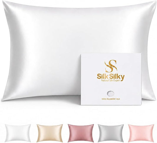 SilkSilky 100% Pure Organic Mulberry Silk Pillowcase for Hair & Skin, Both Sides Grade 6A Pillow Cases with Hidden Zipper, Breathable Cooling Silk for Beauty Sleep (King 20''x36'', White)