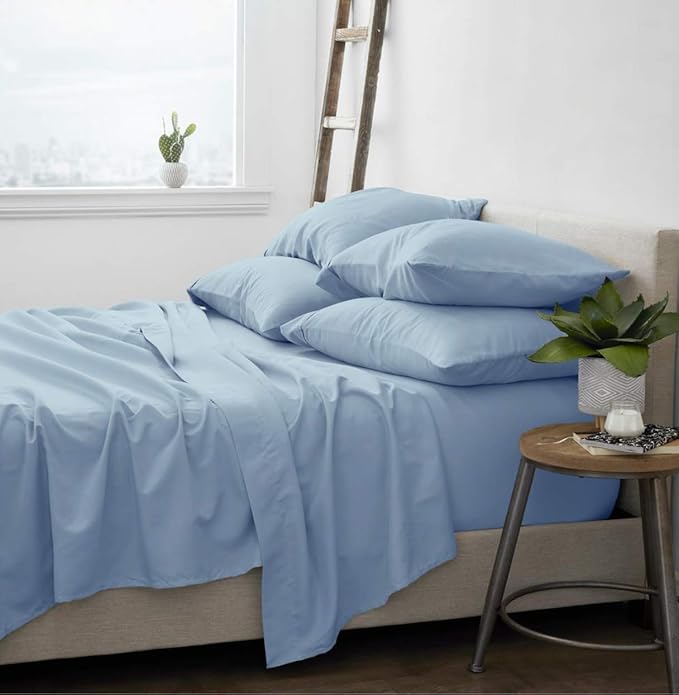 100% Organic Cotton Bed Sheets 800-Thread-Count, 16-Inch Deep-Pocket, Luxury Breathable Crisp 5-Piece Bed Sheet Set (1 Flat Sheet, 2 Fitted Sheet, 2 Pillowcases) - Split King, Light Blue