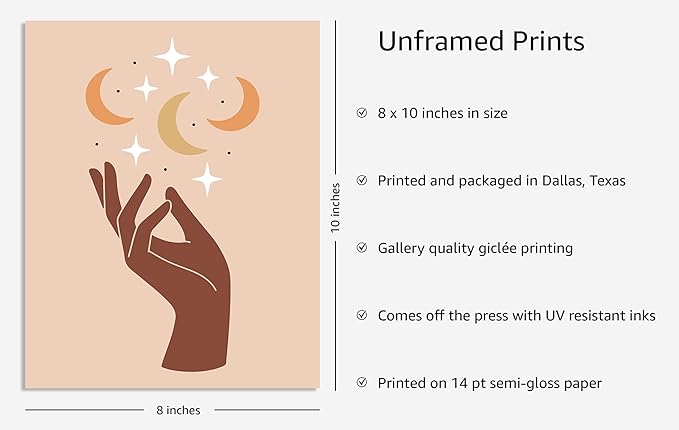 Y2K BOO Mystical Hand UNFRAMED Wall Art Celestial Moon and Stars Print Earth Tones Terracotta Mid Century Modern 8x10 Inch Heavyweight Paper Studio Decor