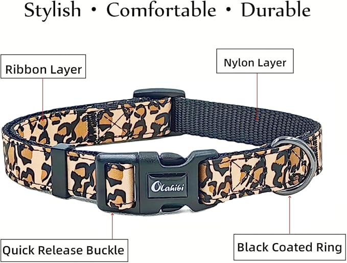 Dog Collar Leash Set, Leopard Pattern, Nylon Webbing Plus Cotton Ribbon, 5ft Matching Leash, for Small Dogs.(S, Brown Leopard)