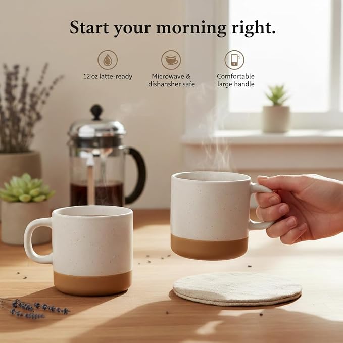 Unboxme Givenne Ceramic Latte Coffee Mug Set, 12 oz (Set of 4) – Microwave & Dishwasher Safe, Large Handles, Modern Boho Neutral Colors