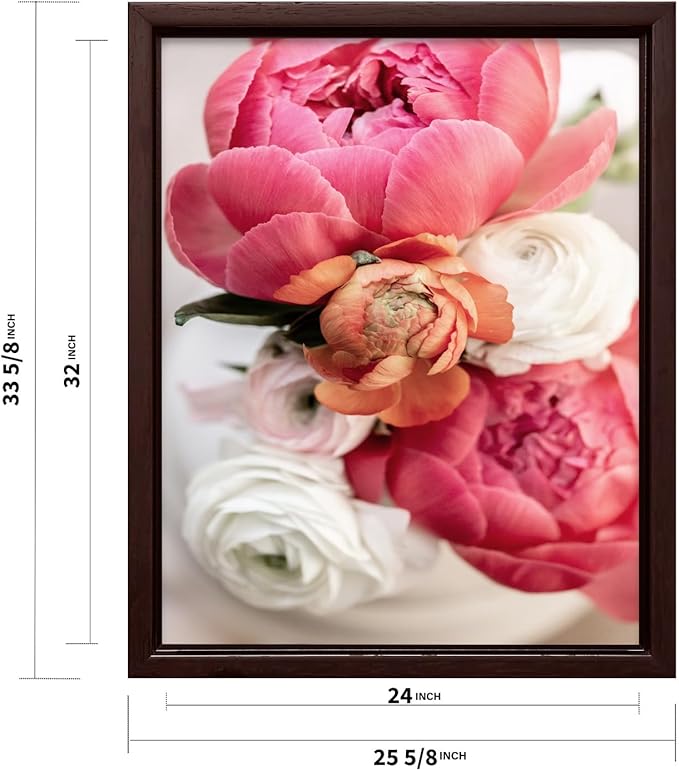Monem Art Pink Peony Floral Macro Photography Print - Romantic Flower Art Poster - Wall Decor for Living Room, Bedroom or Office - 24x32 Brown Framed CANVAS Wall Art by Mareike Bohmer