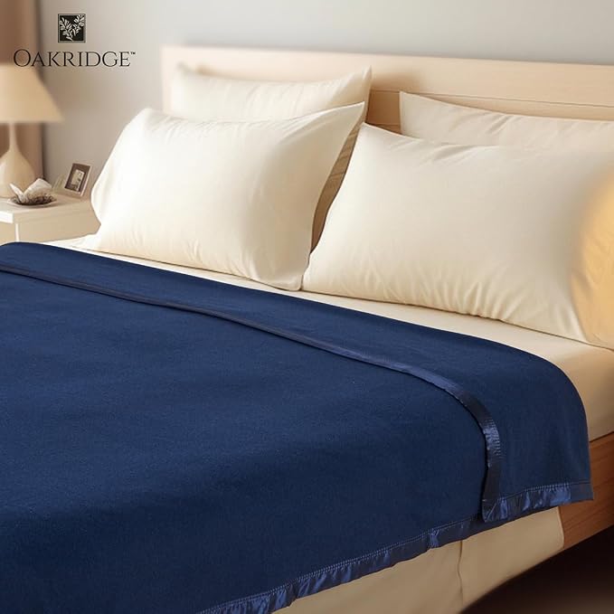 OakRidge Heirloom Merino Wool Blanket – 100% Australian Wool with Vintage Satin Edges – Breathable, Odor-Resistant, All-Season Bedding in Full/Queen Size – Navy Blue Cozy Throw for Home or Travel