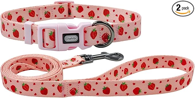 Dog Collar Leash Set, Fruit Pattern, Polyester Material, Adjustable Collar and 5ft Matching Leash, for Large Dogs.(L, Strawberry)