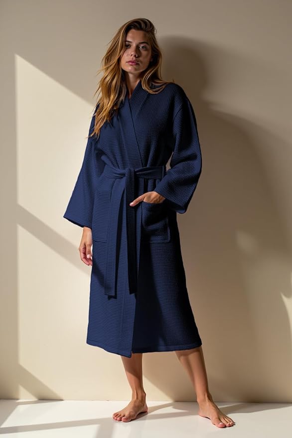 Turquaz Lightweight Waffle Knit Kimono Bathrobe - Soft Cotton Blend Spa Robe, Fast-Drying Full-Length Unisex Robes for Women