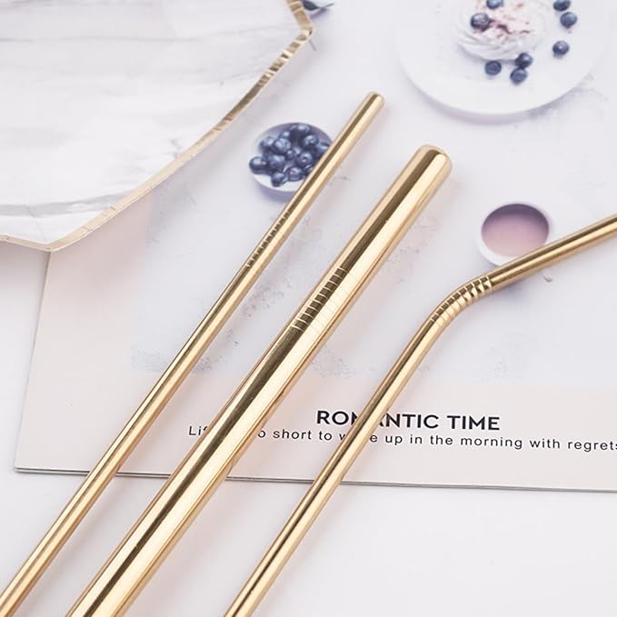 304 Stainless Steel Blue Reusable Straw Set (10 Inch), Titanium Plated Metal Straws with Wheat Case & Cleaning Brush, 2 Straight & 1 Bent Straws for Iced Coffee, Smoothies & Bubble Tea