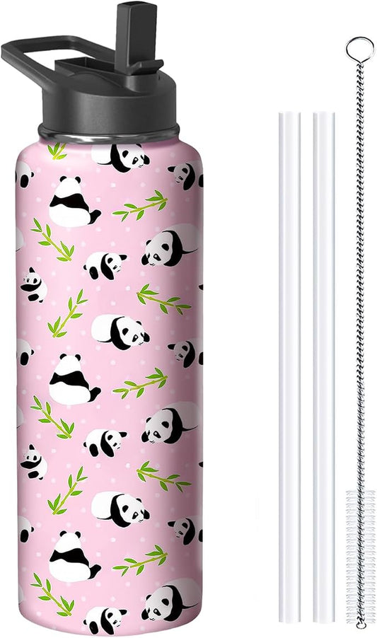 40oz Pink Panda Water Bottle with Handle and Flip Straw, Sports Stainless Steel Insulated Cup Travel Coffee Mug Tumbler, Birthday Mothers Day Chritmas Gifts for Women