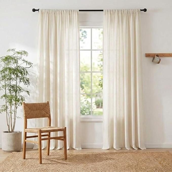 NICETOWN Natural Linen 132 inch Semi Sheer Curtains, Back Tab & Rod Pocket with Pleat Tab Privacy Added with Light Filtering Window Treatments for Living Room, W52 x L132, 2 Panels