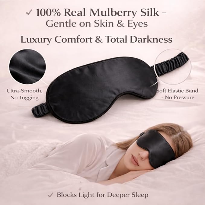 100% Mulberry Silk Sleep Mask for Women/Men Airplane Travel, Pure 22 Momme Silk Eye Mask Blackout for Sleeping, Ajustable, Luxury, Anti Wrinkle, Anti Aging Silk Blindfold, Made in USA (Black)