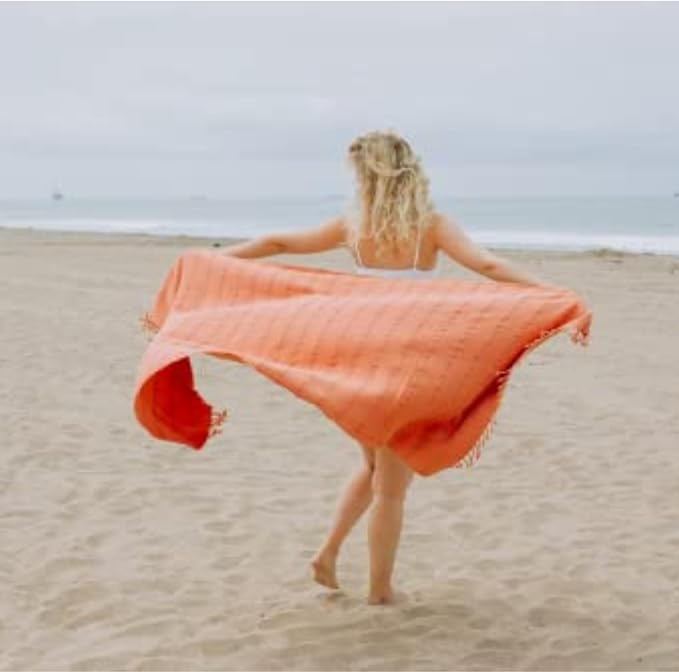 InfuseZen Stonewashed Turkish Cotton Bath and Beach Towel - Orange | 100% Organic, Thin, Soft, Lightweight, Absorbent, Quick-Drying, Large Peshtemal, Sand-Resistant for Shower, Pool, Spa, Travel